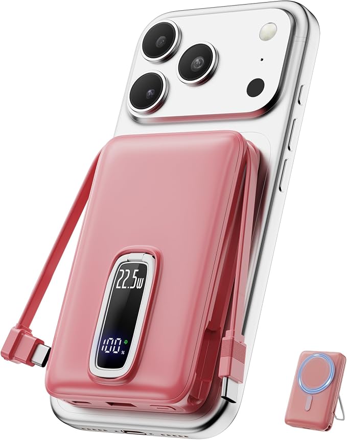 for MagSafe Power Bank iPhone,22.5W Fast Charging Magnetic Portable Charger | Detachable Built-in USB-C,Foldable Stand,14N Strong Magnetic Hold,4-Device Charging,10000mAh Wireless Power,LED Display,Pink