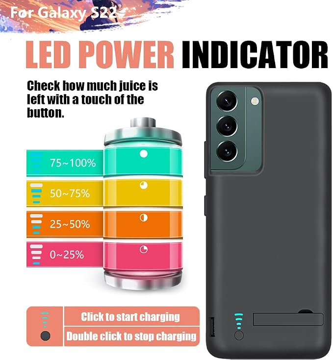[2025 Version Battery Case for Samsung Galaxy S22, 4800mAh Rechargeable Extended Battery Charging/Charger Case, Add 100% Extra Juice (6.1 Inches) Black