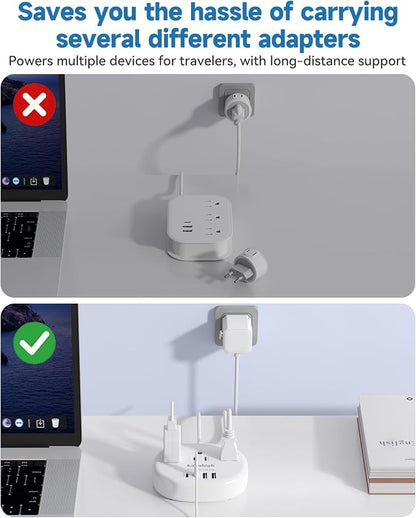 European Travel Plug Adapter, Multi Country Plug Adapter 3FT | Universal Travel Adapter with 3 USA Outlets and 4 USB Ports, Type A/C/G/I Plug Adapter for US to Most of Country
