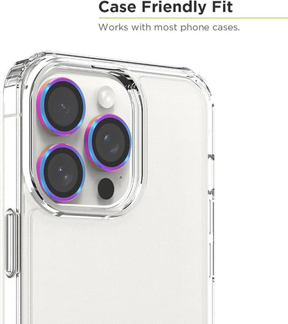 PureGear Camera Lens Protector for Apple iPhone 15 Pro & 15 Pro Max, Protects Camera Lens from Drops & Scratches, Ultra-Thin HD Tempered Glass Individual Ring Cover Lens Protectors-Iridescent