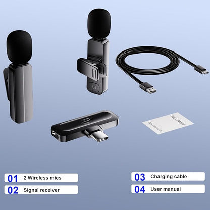 2-Pack Wireless Mini Lavalier Lapel Microphone for iPhone 15,16,Android Phone - 65ft Cordless Clip on Dual Mics with Noise Reduction 6H Working Time for Video Recording Vlogging, YouTube, Interview