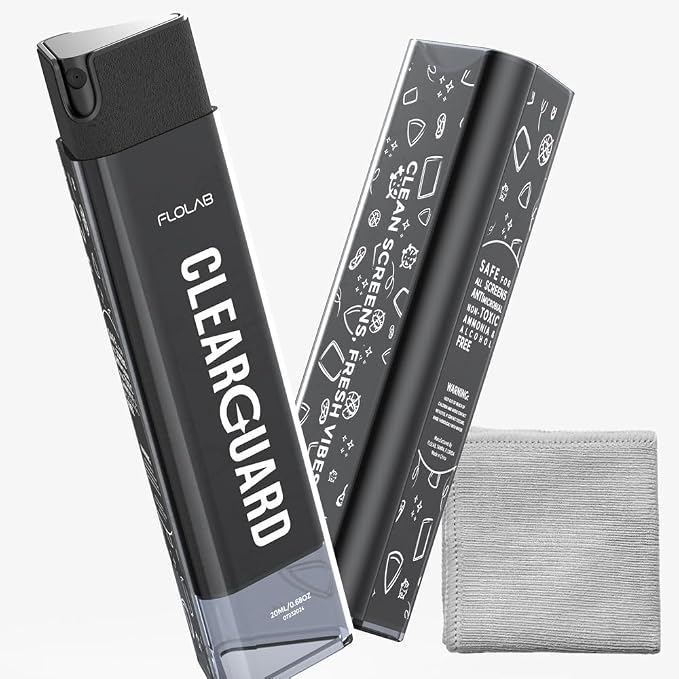 FLOLAB Clear Guard Screen Cleaner for iPhone, Mobile Phone, Laptop, Tablet, Spray and Microfiber Cloth All in one, Easy to Clean, Portable - Smokey Grey