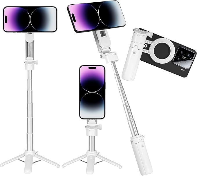 4-in-1 Magnetic Selfie Stick for iPhone/Android - Multifunctional 360° Rotation Extendable Tripod with Detachable Remote, Universal Phone Mount & Metal Ring (Magnetic or Clip Combo)