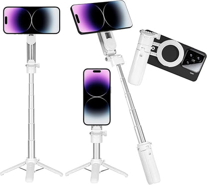 4-in-1 Magnetic Selfie Stick for iPhone/Android - Multifunctional 360° Rotation Extendable Tripod with Detachable Remote, Universal Phone Mount & Metal Ring (Magnetic or Clip Combo)