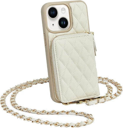 LAMEEKU Designed for iPhone 14 Wallet Case with Card Holder Crossbody Chain for Women RFID Shockproof Cover Compatible with iPhone 14, 6.1 Inch-Beige