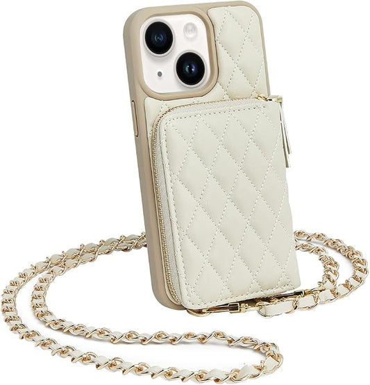 LAMEEKU Designed for iPhone 14 Wallet Case with Card Holder Crossbody Chain for Women RFID Shockproof Cover Compatible with iPhone 14, 6.1 Inch-Beige