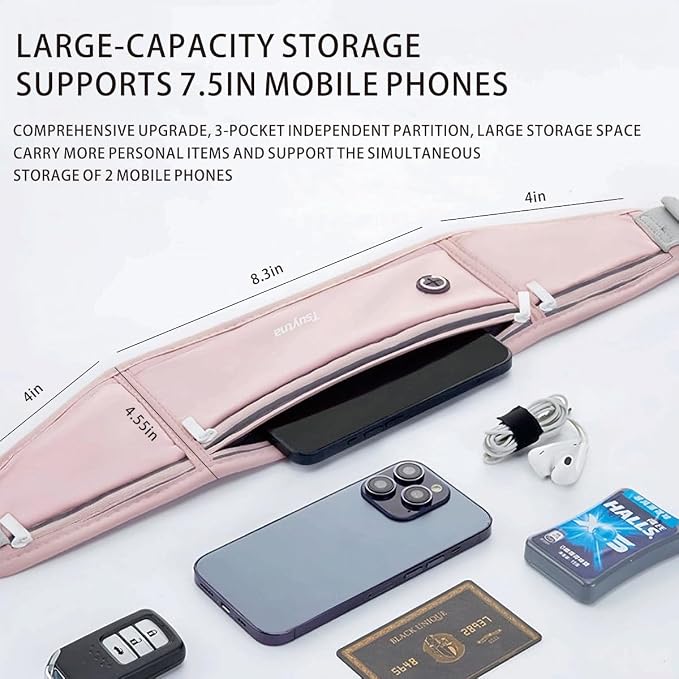 Running Belt for Women & Men - Slim Phone running belt with Water-Resistant Phone Holder, 3 pockets Adjustable Waist Strap, Reflective Safety Design for Running, Hiking, Travel，Fitness (Pink)