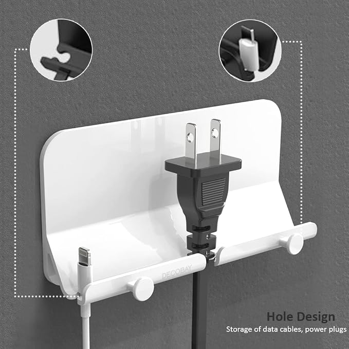 Wall Mount Phone Holder, D2 Hands-Free Adhesive Phone Holder with Cable Hole & Hooks, Wall Mounted Cell Phone Holder for Bathroom Kitchen Bedroom RV, Compatible with iPhone Smartphones (2 Pack-White)