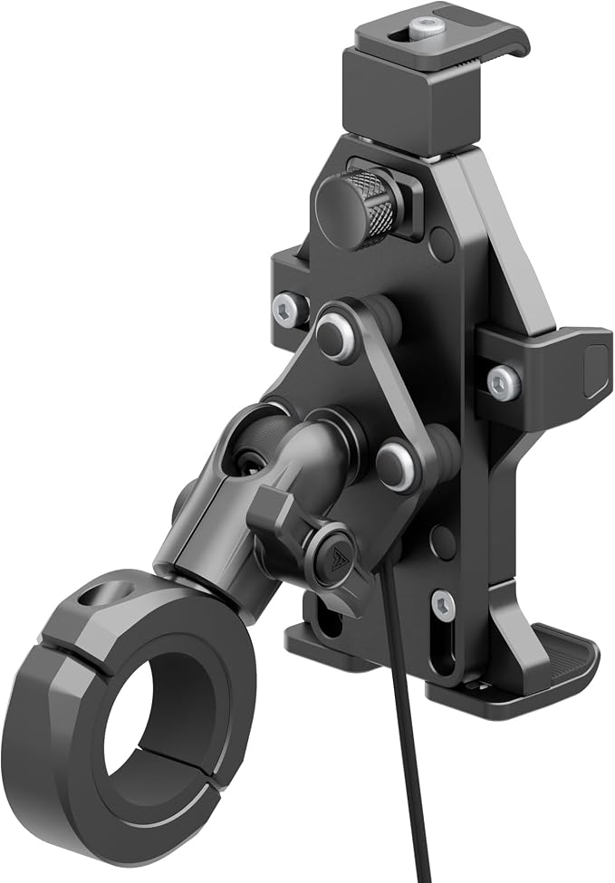 Tackform Aluminum Motorcycle Adventure Phone Mount - Vibration Dampening and Wireless Charging | Fits 1-1/4" to 1-1/2" Handlebars | Compatible with iPhone, Galaxy, More | Short Reach Arm | Black