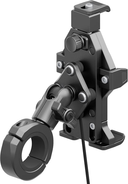 Tackform Aluminum Motorcycle Adventure Phone Mount - Vibration Dampening and Wireless Charging | Fits 1-1/4" to 1-1/2" Handlebars | Compatible with iPhone, Galaxy, More | Short Reach Arm | Black