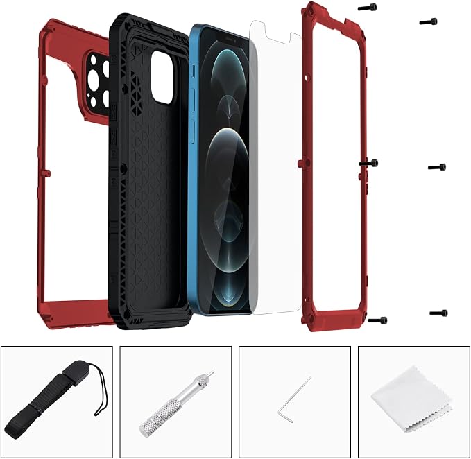 Mitywah Waterproof Case for iPhone 12 Pro, Heavy Duty Shockproof Case with Built-in Screen Protector, Full Body Underwater Protective Metal Case 6.1 inch, Red