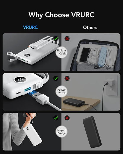 VRURC Power Bank for iPhone, 22.5W Portable Charger with Built-in Cables | 10000mAh USB C In & Out Cord Portable Phone Charger,Slim Lightweight Charging Bank Travel Essentail-White(1 Pack)