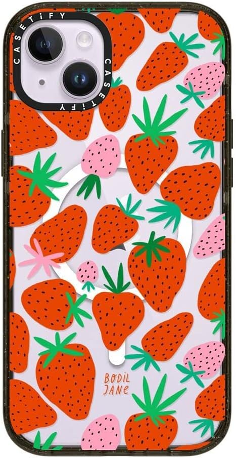 CASETiFY Impact iPhone 14 Plus Case [4X Military Grade Drop Tested / 8.2ft Drop Protection/Compatible with Magsafe] - Strawberries - Glossy Black