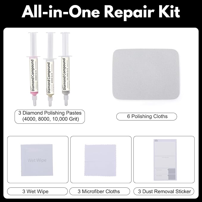 Scratch Remover for Phone Screen, Watches & Tablets, Safe, Touch-Friendly, Watch Scratch Remover Kit Includes 3 Diamond Polishing Compounds, 6 Polishing Cloths & 3 Cleaning Wipes