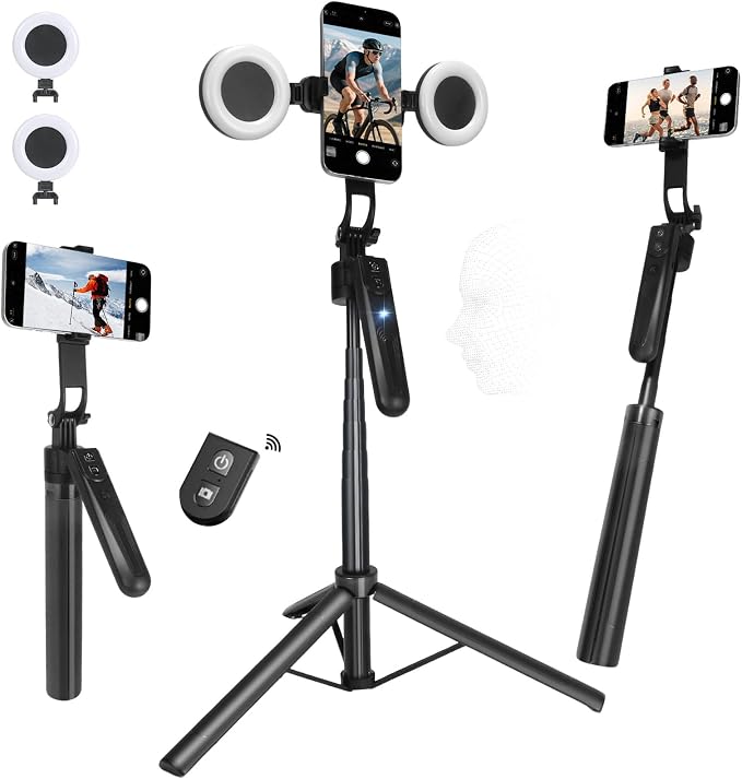 Auto Face Tracking Tripod for iPhone & Android, 360° Rotating Phone Tripod with 2 LED Fill Lights, Extendable 70″ Selfie Stick for Video Recording, Live Streaming, Ideal for Content Creators