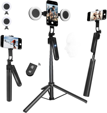 Auto Face Tracking Tripod for iPhone & Android, 360° Rotating Phone Tripod with 2 LED Fill Lights, Extendable 70″ Selfie Stick for Video Recording, Live Streaming, Ideal for Content Creators