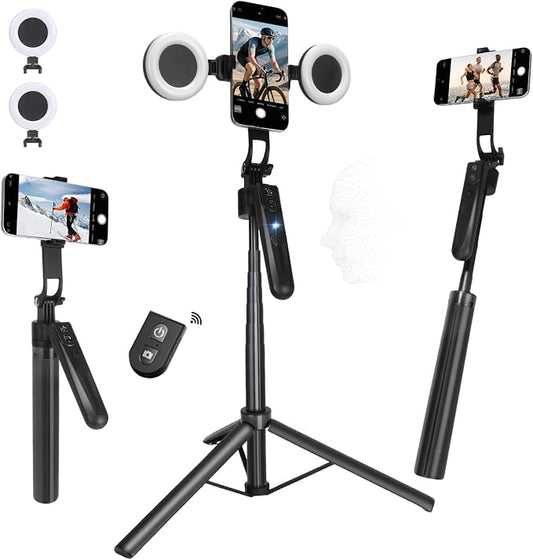 Auto Face Tracking Tripod for iPhone & Android, 360° Rotating Phone Tripod with 2 LED Fill Lights, Extendable 70″ Selfie Stick for Video Recording, Live Streaming, Ideal for Content Creators
