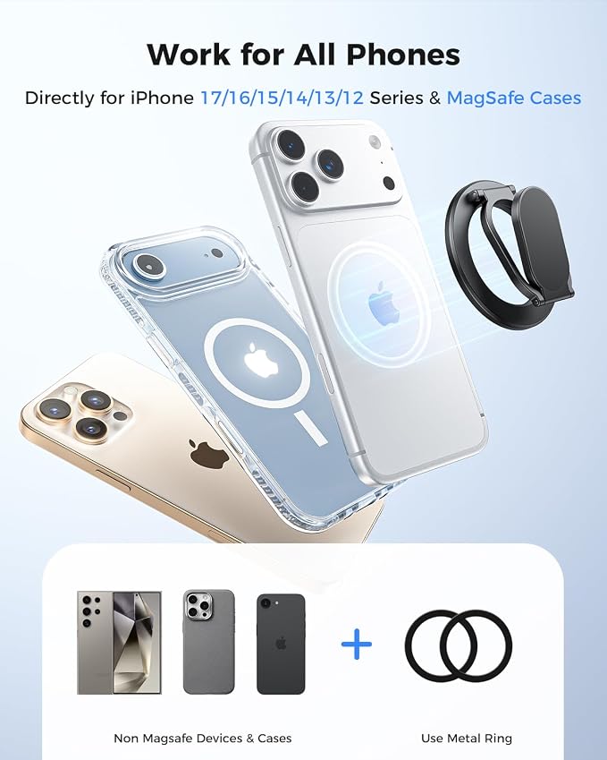 SUPERONE [2026 Upgraded] Magnetic Phone Ring Holder for MagSafe, Dual-Sided Removable Magnetic Phone Grip with Kickstand, Super Magnet Ring for iPhone 17/16/15/14/13/12 MagSafe Accessories, Androids
