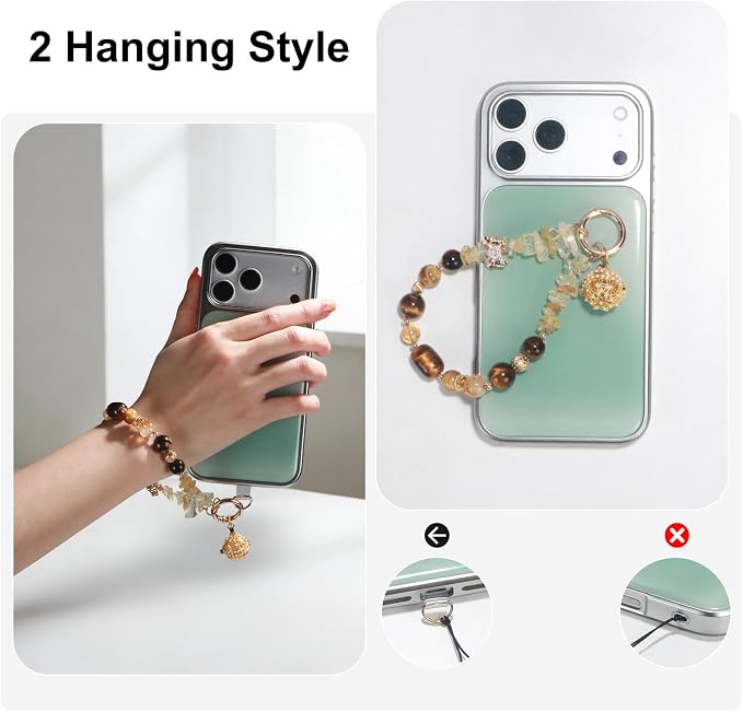 TEAMOLA Natural Stone Phone Charm, Handmade Crystal Cellphone Chain for Universal, Beaded Healing Anti Theft Phone Wrist Strap with Tether Tab, Citrine & Tiger's Eye & Aromatic Ball Pendant