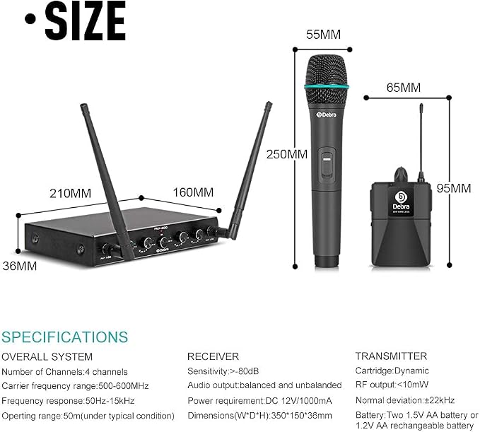 Debra Audio Pro UHF 4 Channel Wireless Microphone System with Cordless Handheld Lavalier Headset Mics, Metal Receiver, Ideal for Karaoke Church Party (with 4 Handheld (A))