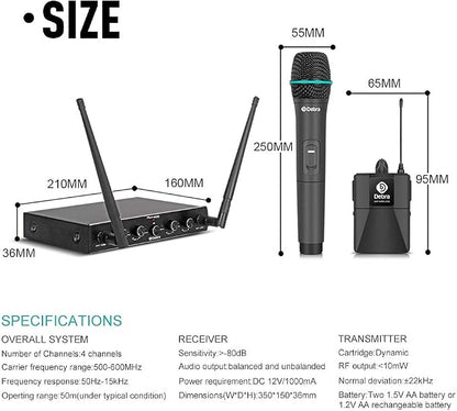 Debra Audio Pro UHF 4 Channel Wireless Microphone System with Cordless Handheld Lavalier Headset Mics, Metal Receiver, Ideal for Karaoke Church Party (with 4 Handheld (A))