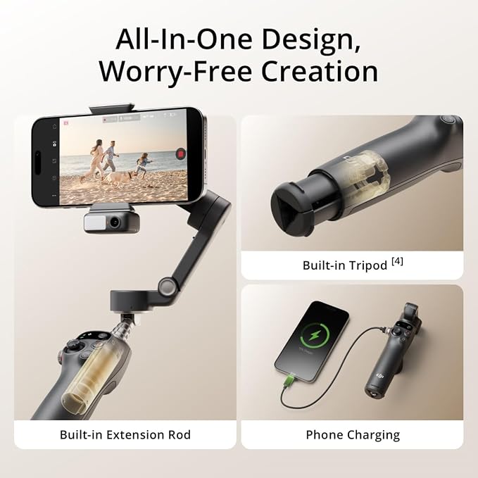 DJI Osmo Mobile 7P Gimbal Stabilizer for iPhone, Android, Lighting, 3-Axis Phone Gimbal, Built-in Extension Rod & Tripod, 10hrs Use, Phone Charging + Portable Charger + Wireless Mic Set + 20W Plug