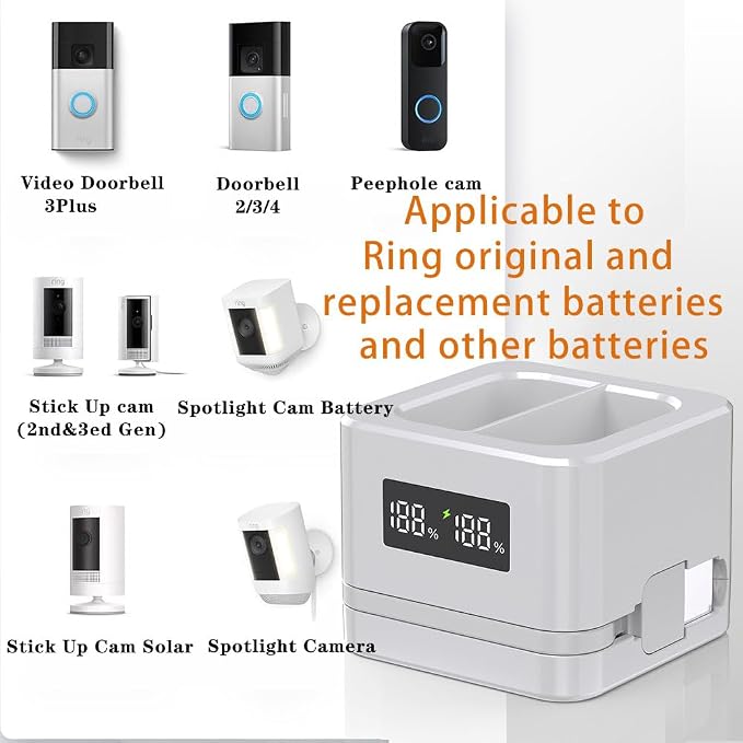 Upgraded,1Pack Batteries Charger,A Charger Compatible with Ring Batteries and Others,LED Digital Display,Dual Charging,for Doorbell Camera 2/3/4,3Plus, Spotlight/Stick Up Cam