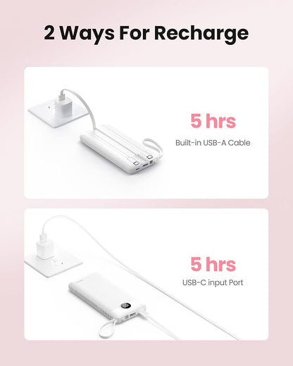 Portable Power Bank, 10000mAh Slim Portable Charger with Built-in Cables, External Battery Pack 5 Outputs 2 Inputs LED Display Compatible with iPhone/Android & More (White)