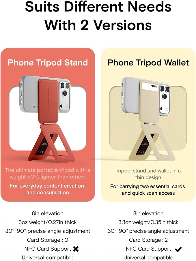 MOFT Phone Tripod Stand Selfie Stick for iPhone, Multi-Angles iPhone Stand, Lightweight & Portable Phone Holder, Strong Magnets, MOVAS Vegan Leather, Travel Essentials, Clay (Without Card Slot)