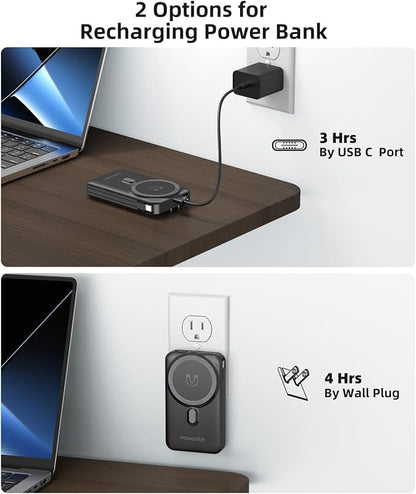 for Magsafe Magnetic Portable Charger, 10000mAh Wireless Power Bank with Built-in Cable & AC Wall Plug, Battery Pack PD 22.5W with Stand, LED Display for iPhone 17/16/15/14/13 Series, Samsung, Pixel