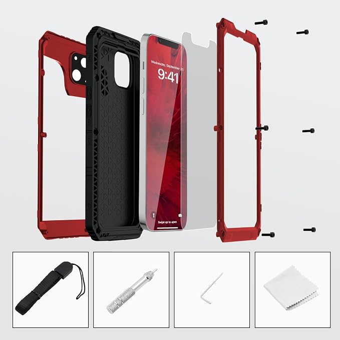 Mitywah Waterproof Case for iPhone 14 Plus, Heavy Duty Shockproof Case with Built-in Screen Protector, Full Body Underwater Protective Metal Case 6.7 inch, Red