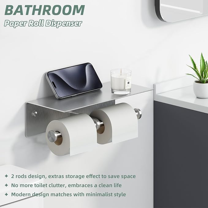 Double Toilet Paper Holder with Shelf Brushed Nickel, APLusee SUS 304 Stainless Steel Contemporary Tissue Roll Holder Mobile Phone Storage Rack