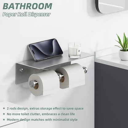 Double Toilet Paper Holder with Shelf Brushed Nickel, APLusee SUS 304 Stainless Steel Contemporary Tissue Roll Holder Mobile Phone Storage Rack