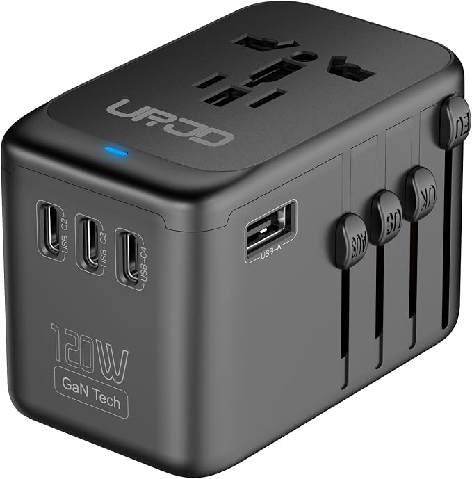 Universal Travel Adapter 120W GaN Fast Charger for Europe UK US | 5 USB C/A Ports & 2500W AC Outlet, Compatible for MacBook iPhone iPads Laptop, International Power Adapter for 200+ Countries