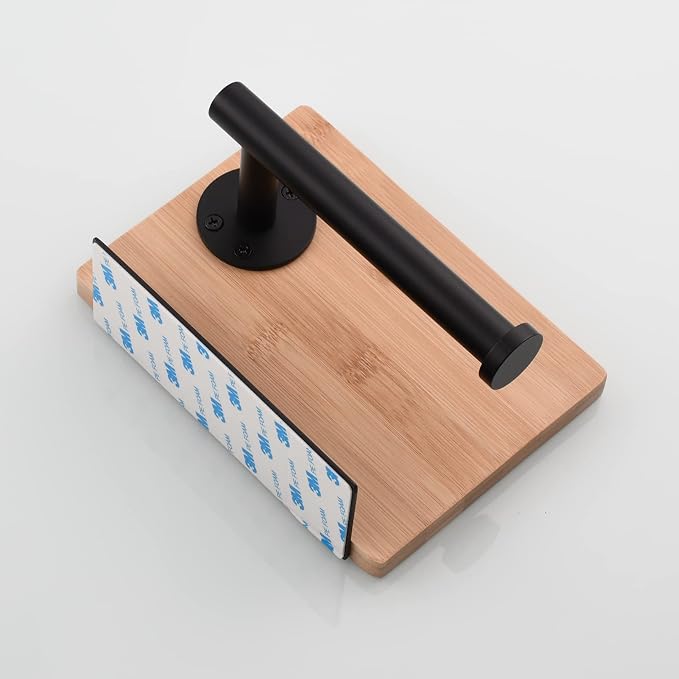 Tecmolog Stainless Steel Paper Towel Roll Holder Self Adhesive Black Toilet Paper Holder with Wood Shelf, SBH263B