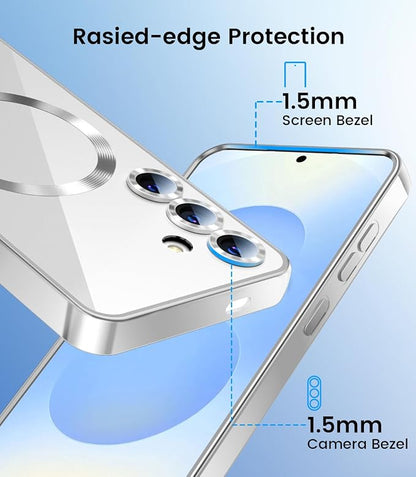 Slim Thin for Samsung Galaxy S25 Plus Clear Case, Compatible with MagSafe, Built-in Camera Lens Protector, Shockproof Protective Phone Case, Electroplated Bumper Cover, Silver