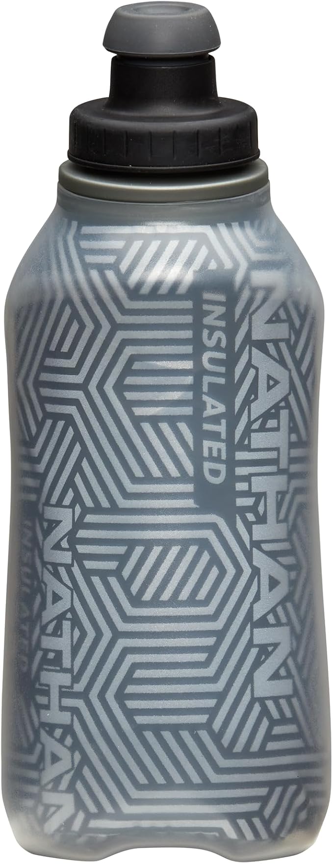Nathan SpeedDraw 2 Insulated Handheld Running Water Bottle Flask – Double-Wall Insulation, Ergonomic Grip, Blast Valve Cap, Phone & Key Storage Pockets, Reflective Design - 12oz Insulated - Black