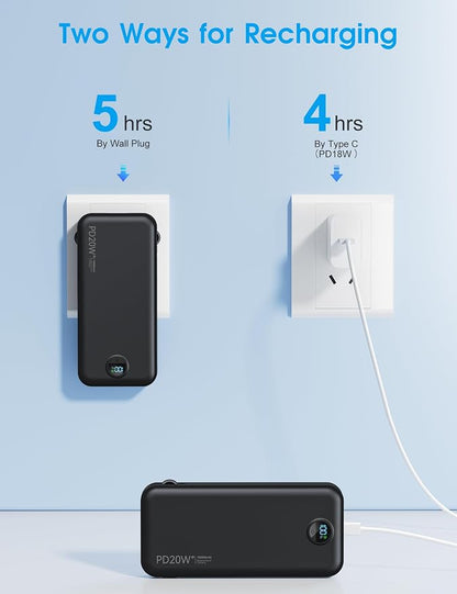 Portable Charger, 10000mAh PD20W Fast Charging Power Bank with Built-in Cables & Wall Plug, External Battery Pack with LED Display, Travel Essentials Battery Bank for iPhone, iPad, Samsung Matte Black