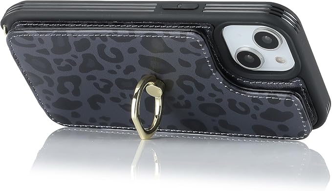 Lipvina for iPhone 14 Case with Card Holder for Women,for iPhone 14 Phone Case with Strap,Crossbody Lanyard,RFID Blocking,Ring Stand,Snap Clasp,Cute Wallet Case(6.1 inch,Black Leopard)
