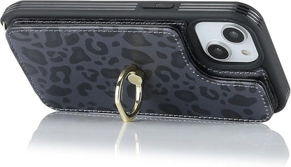 Lipvina for iPhone 14 Case with Card Holder for Women,for iPhone 14 Phone Case with Strap,Crossbody Lanyard,RFID Blocking,Ring Stand,Snap Clasp,Cute Wallet Case(6.1 inch,Black Leopard)