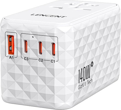 LENCENT 140W International Travel Adapter, GaN Universal Travel Adapter | with 1 USB-A & 3 Type C Power Converter, Fast Charger for Phone,Laptops, Worldwide Plug Outlet for USA/UK/EU/AUS, White