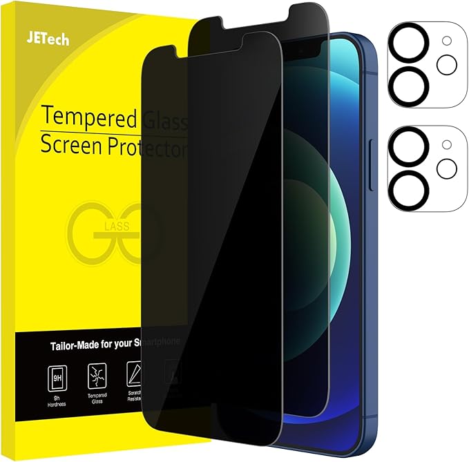 JETech Privacy Screen Protector for iPhone 12 6.1-Inch with Camera Lens Protector, Anti Spy Tempered Glass Film, 2-Pack Each