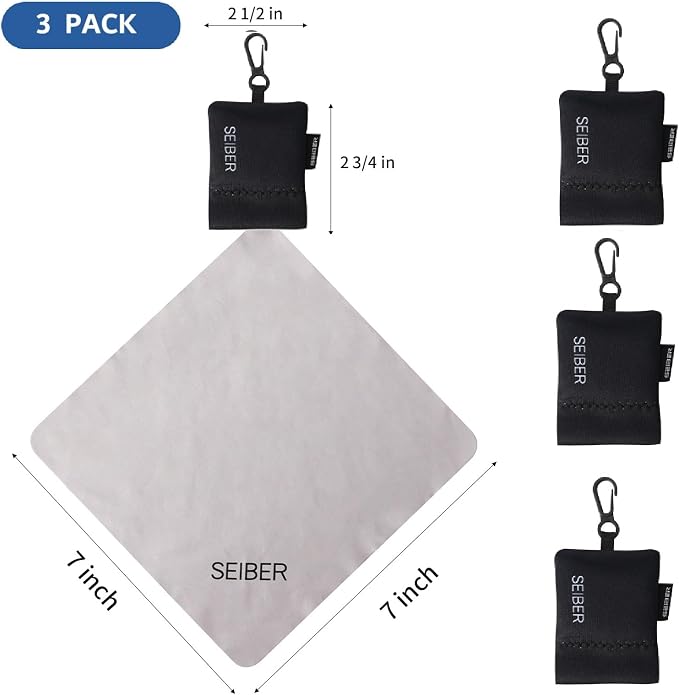 SEIBER Eyeglass Cleaning Microfiber Cloth - with Neoprene Pouch | 7 x 7 inch Glasses Cleaning Cloth for Sunglasses,Laptops, Cameras,Screen| Self-Closing Bottom(3PCS,BK)