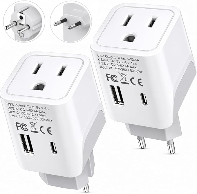 Ceptics European Travel Plug Adapter – Compact Type C & F Adapter with USB-C & A + USA Input – Safe Grounded Schuko Adapter – Travel Charger for France, Germany & More – CTU-9-9C-PK | European Adapters for Travel, Type C & E/F, Grounded Schuko Adapter ...