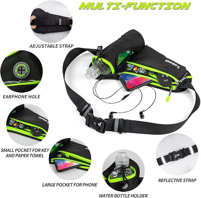 Running Belt, Waterproof Hydration Belt with Water Bottle Holder Hiking Walking Waist Pack Reflective Adjustable Fanny Pack Compatible for Phone Waistband Outdoor