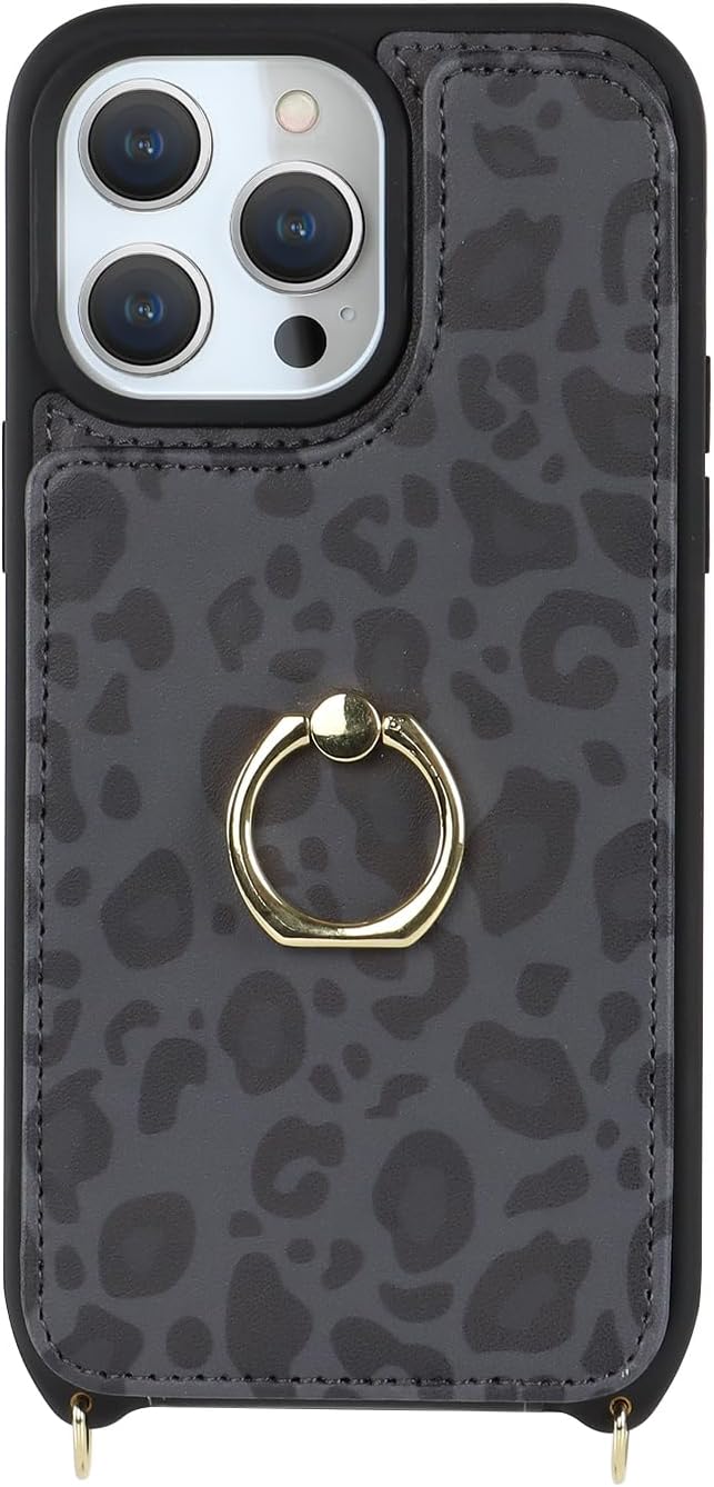 Lipvina for iPhone 14 Pro Max Case with Card Holder for Women,Phone Case with Strap,Crossbody Lanyard,RFID Blocking,Ring Stand,Snap Clasp,Cute Wallet Cases 6.7"(Black Leopard)