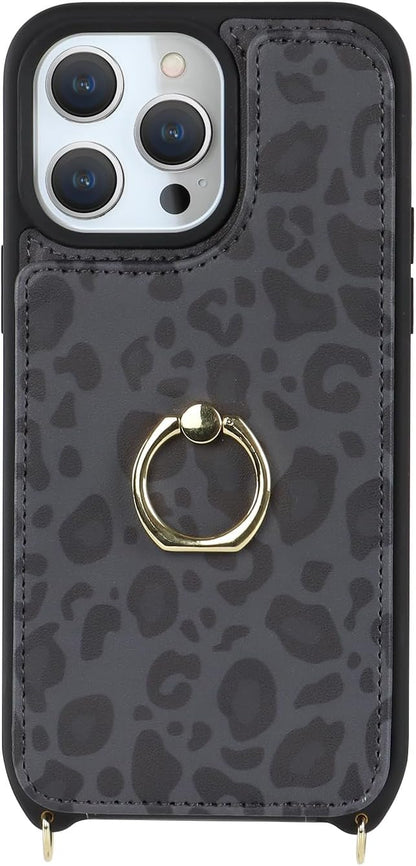 Lipvina for iPhone 14 Pro Max Case with Card Holder for Women,Phone Case with Strap,Crossbody Lanyard,RFID Blocking,Ring Stand,Snap Clasp,Cute Wallet Cases 6.7"(Black Leopard)