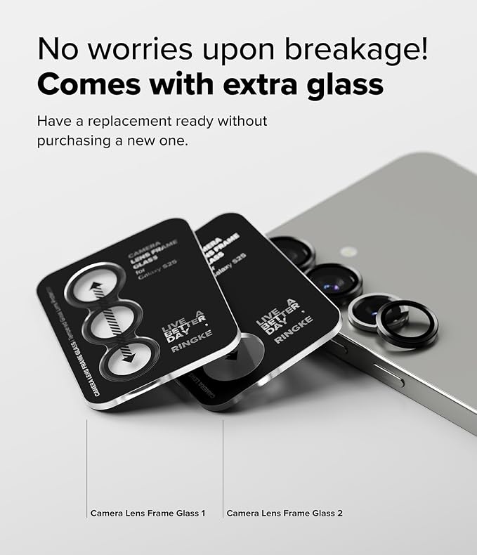 Ringke Camera Lens Frame Glass [Individual Lens Covers] Compatible with Samsung Galaxy S25 Camera Lens Protector, Tempered Glass Covers and Aluminum Alloy Frames - 2 Pack
