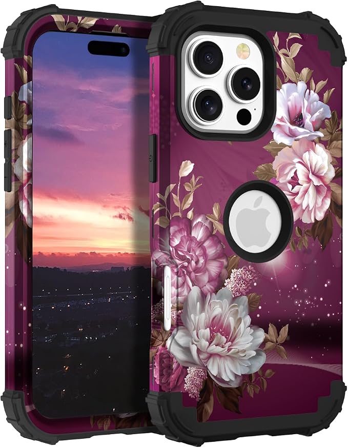 Hocase for iPhone 16 Pro Max Case, Heavy Duty Shockproof Protection Soft Silicone Rubber+Hard Plastic Bumpers Hybrid Protective Case for iPhone 16 Pro Max 2024 - Royal Purple Flowers