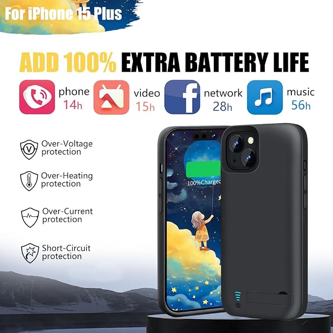 Battery Case for iPhone 15 Plus, 6000mAh Rechargeable Extended Battery Charging/Charger Case, Add 100% Extra Juice (6.7 inch) Black